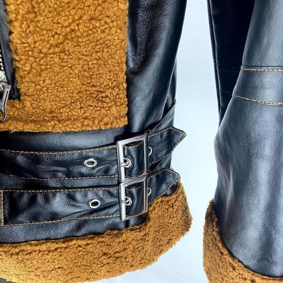 Missguided NWT Women's Size 10 Borg Brown Faux Leather Teddy Aviator Jacket - Picture 8 of 13